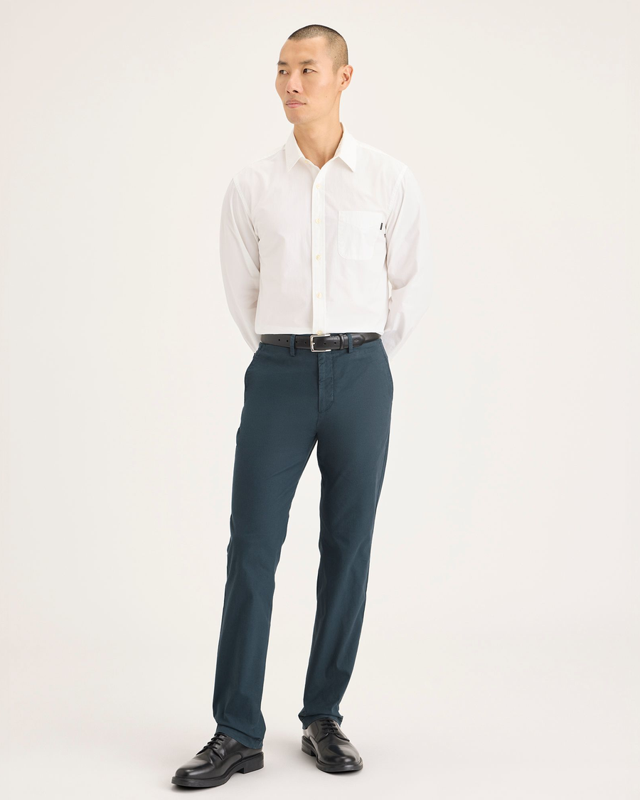 Front view of model wearing Stratified Sea Crafted Khaki Pants, Slim Fit.