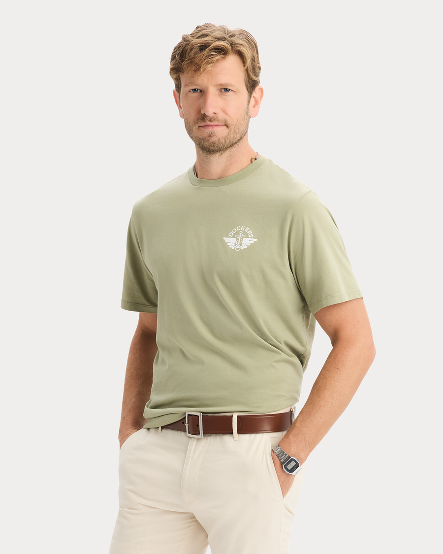 View of model wearing Tea Graphic Tee, Regular Fit.