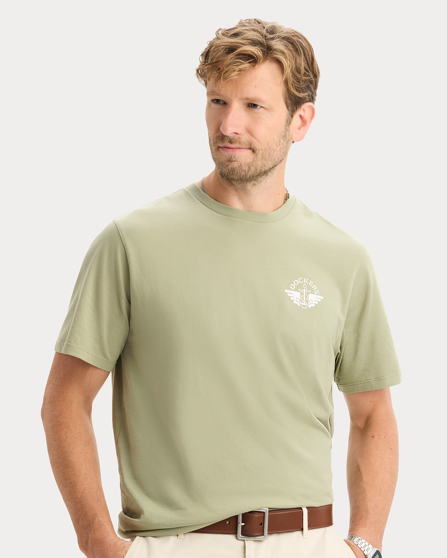 View of model wearing Tea Graphic Tee, Regular Fit.