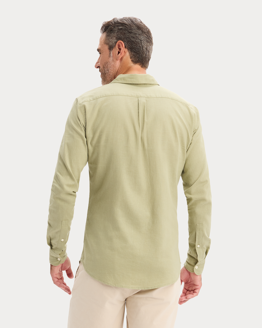 View of model wearing Tea Icon Button Up Shirt, Slim Fit.