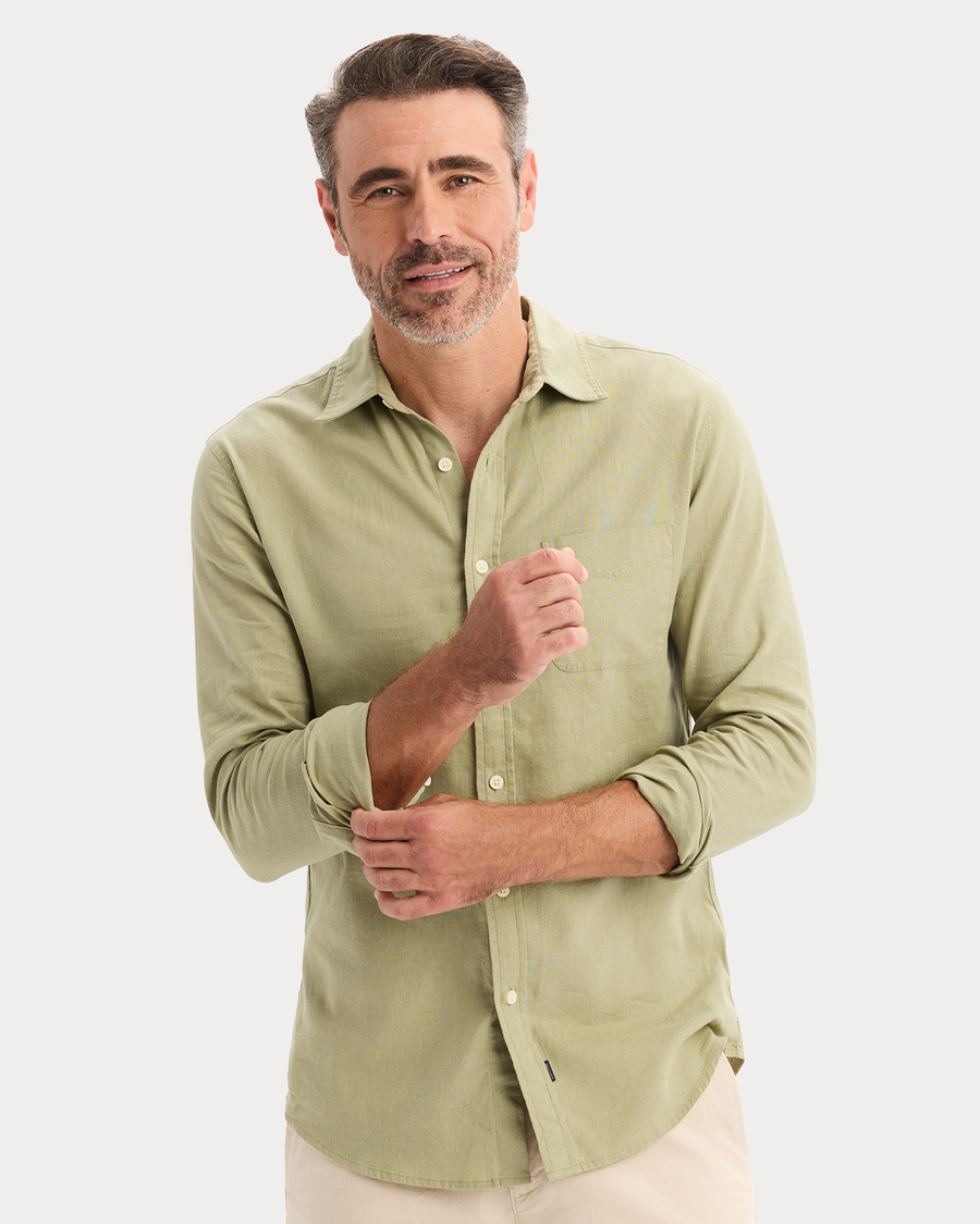 View of model wearing Tea Icon Button Up Shirt, Slim Fit.