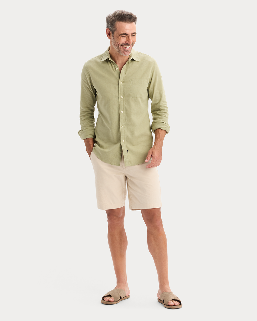 View of model wearing Tea Icon Button Up Shirt, Slim Fit.