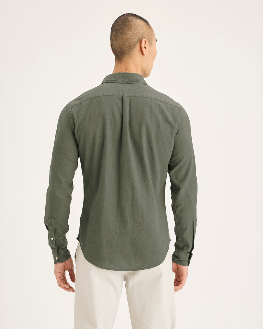 Back view of model wearing Tea Leaf Men's Slim Fit Icon Button Up Shirt.