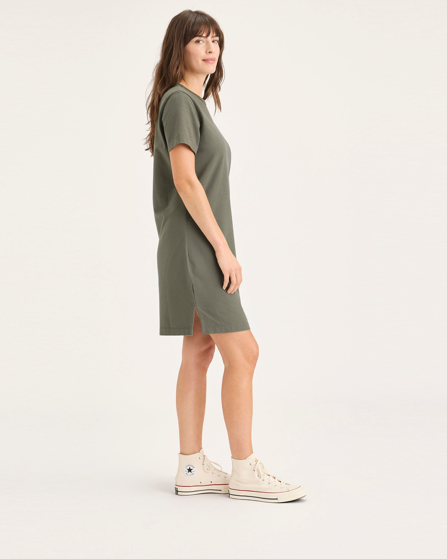 Side view of model wearing Tea Leaf Women's Regular Fit T-Shirt Dress.