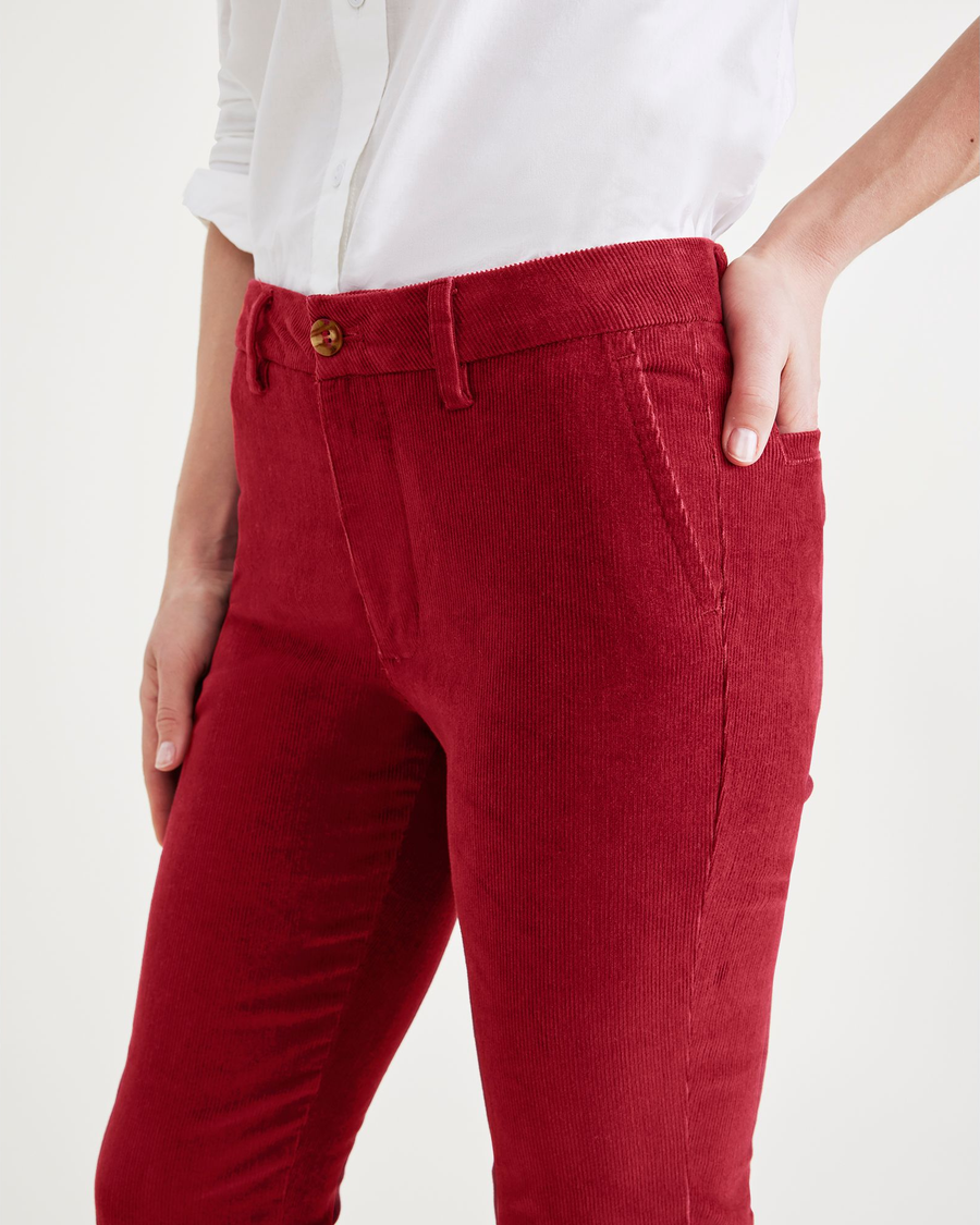 View of model wearing Tibetan Red Women's Skinny Fit Chino Pants.