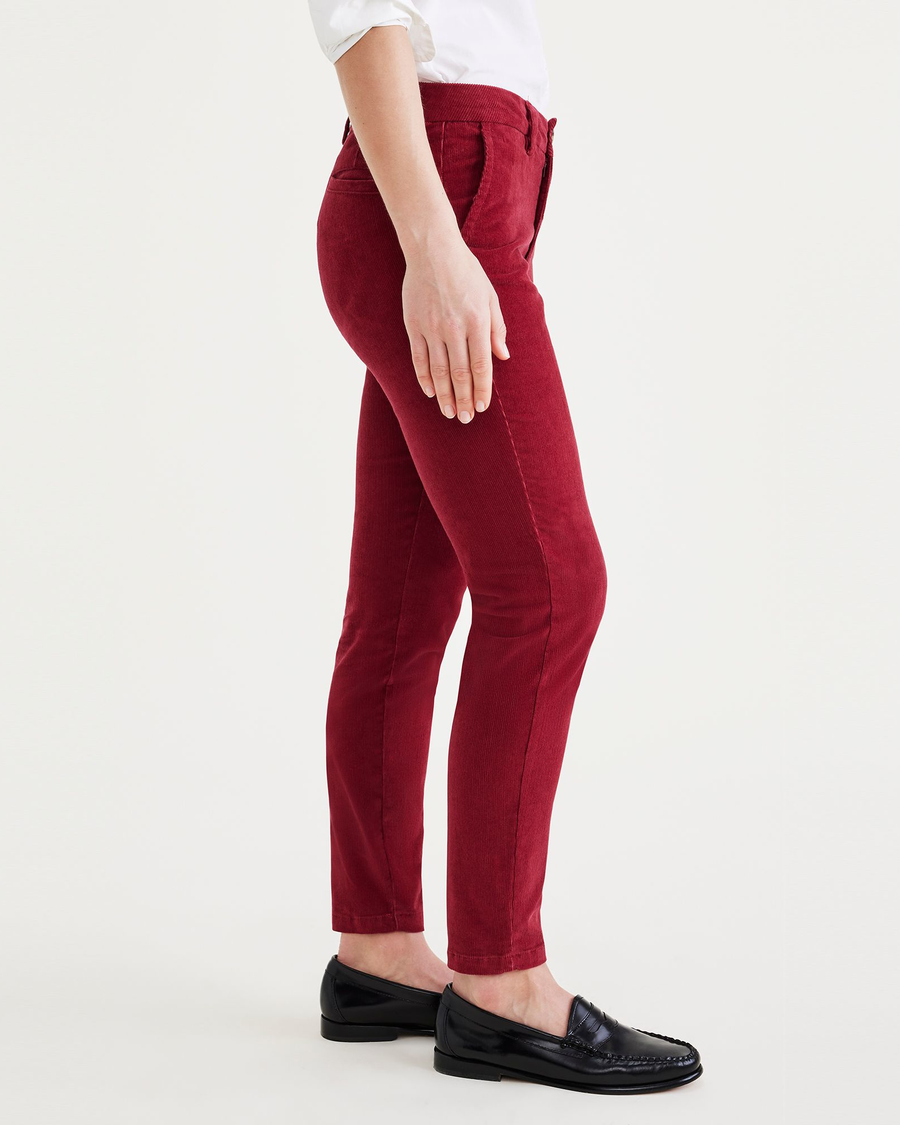 Side view of model wearing Tibetan Red Women's Skinny Fit Chino Pants.