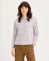Front view of model wearing Toadstool Boatneck Tee, Regular Fit.