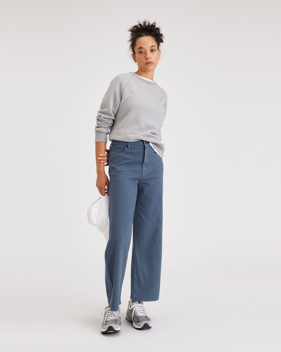 View of model wearing Vintage Indigo Women's Straight Fit High Jean Cut Pants.