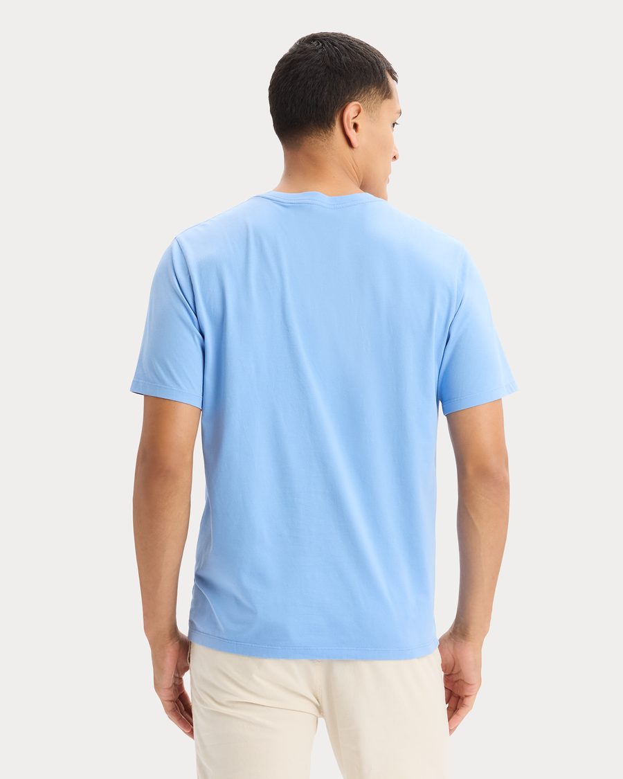 View of model wearing Vista Blue Graphic Tee, Regular Fit.