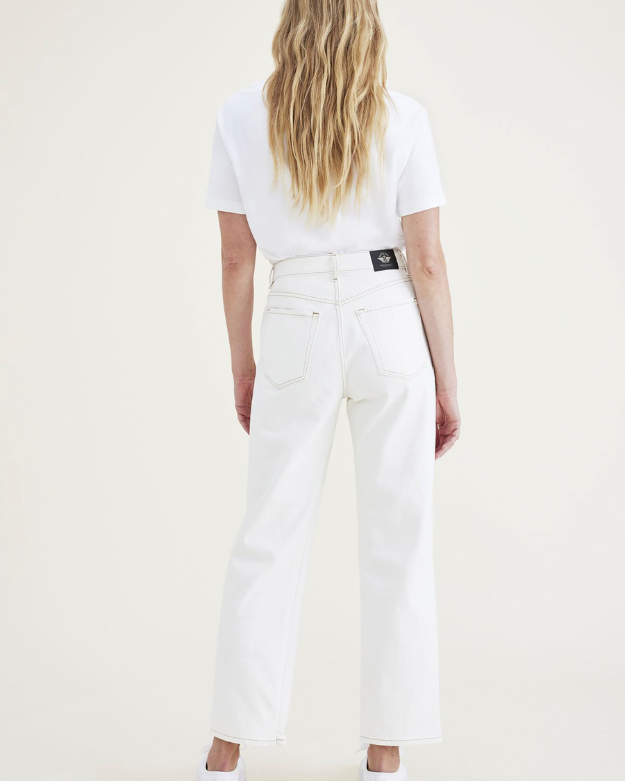 Back view of model wearing White Garment Dye Women's Straight Fit High Jean Cut Pants.