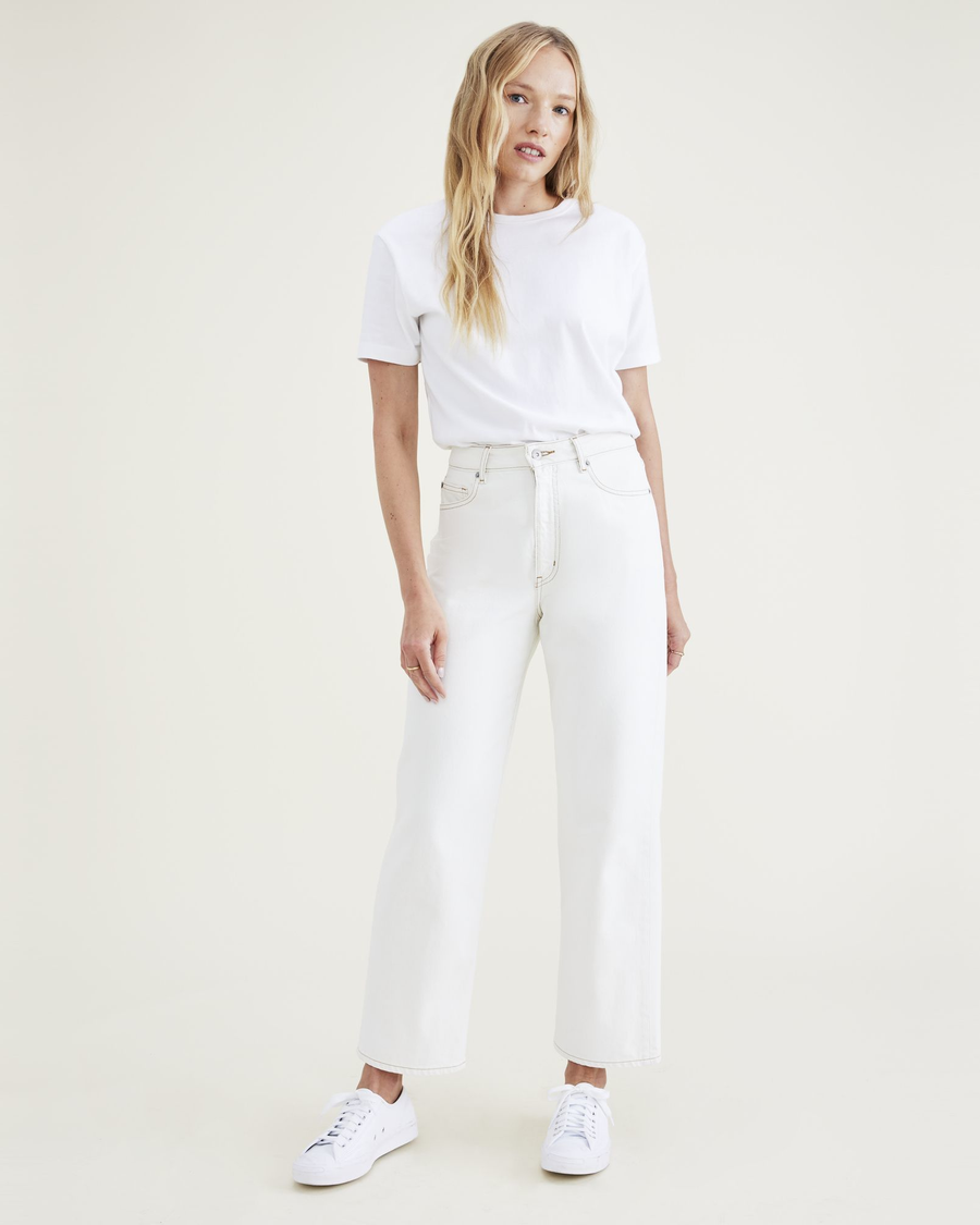 Front view of model wearing White Garment Dye Women's Straight Fit High Jean Cut Pants.