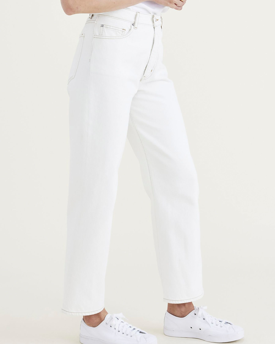 Side view of model wearing White Garment Dye Women's Straight Fit High Jean Cut Pants.