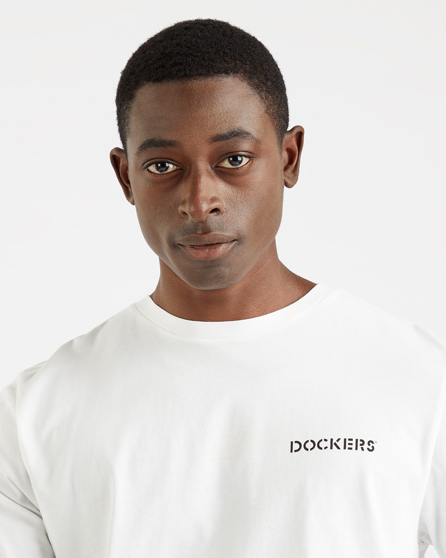 View of model wearing White Stencil Graphic Tee, Slim Fit.