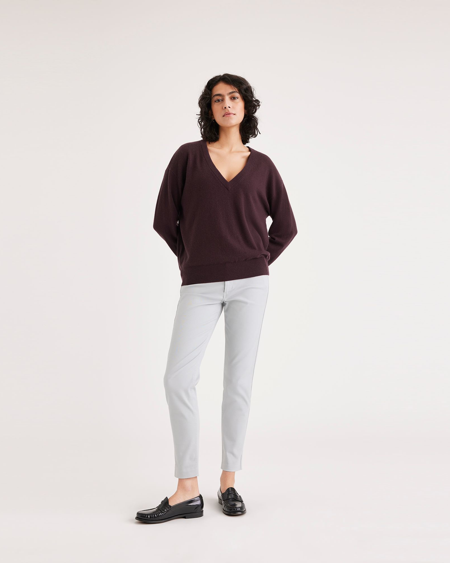 View of model wearing Winetasting Women's Regular Fit V-Neck Sweater.