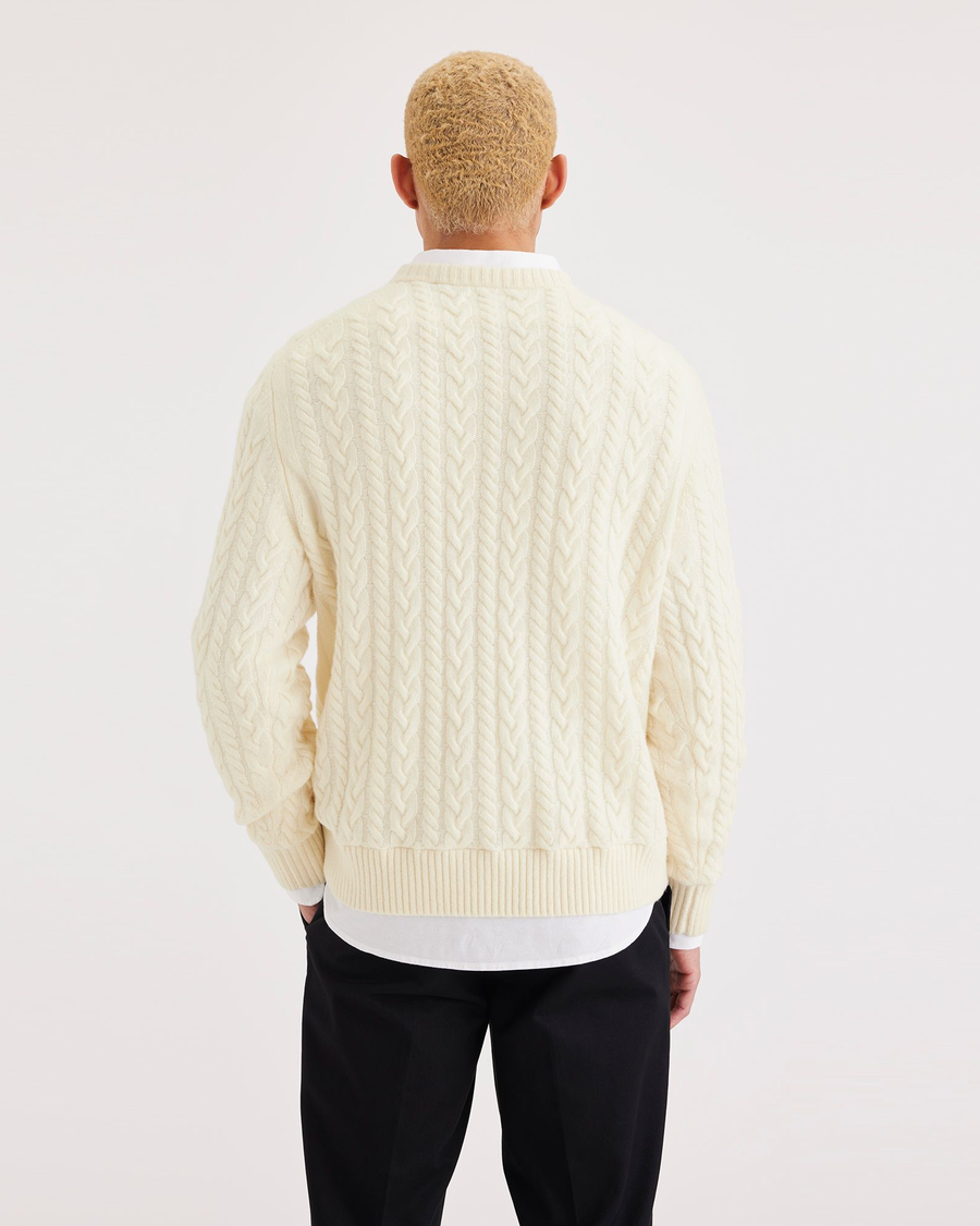 Back view of model wearing Winter White Men's Regular Fit Crafted Crewneck Sweater.